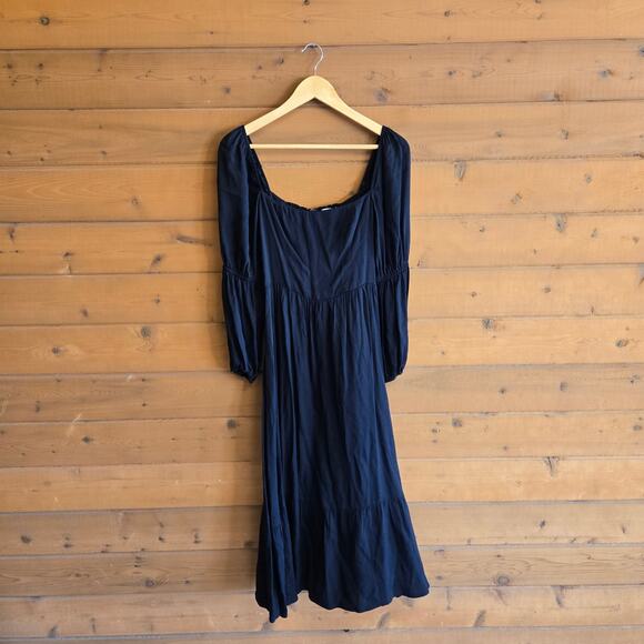 Reformation Mica Dress Solid Black 2 Puff Lantern Sleeve Flowy Square Neck Smock - Picture 2 of 7